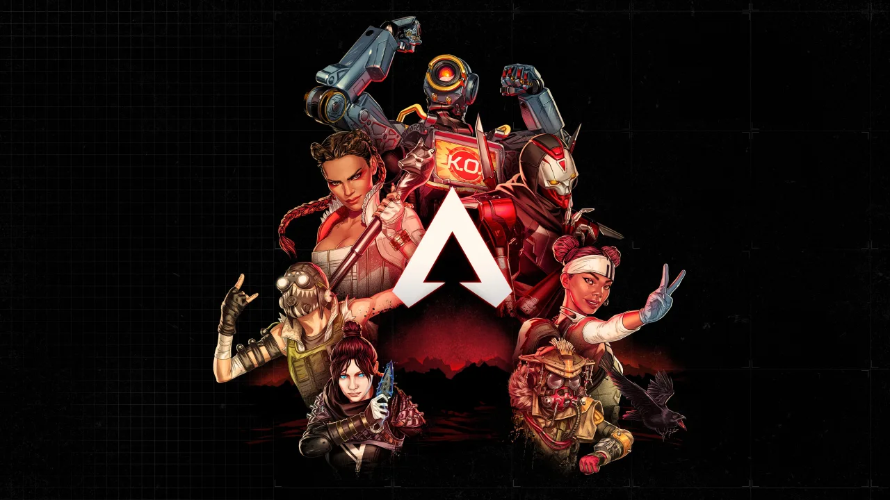 Apex Legends characters surround the Apex emblem.
