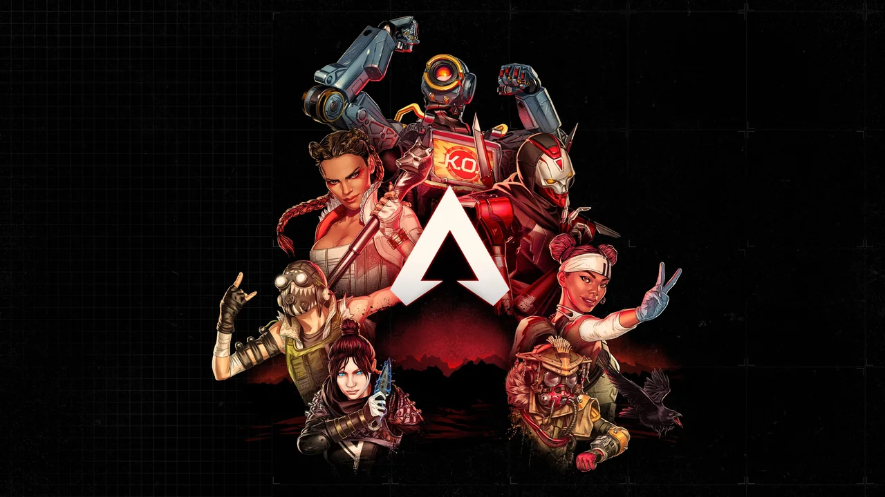 Apex Legends characters pose together in official red and black key art.