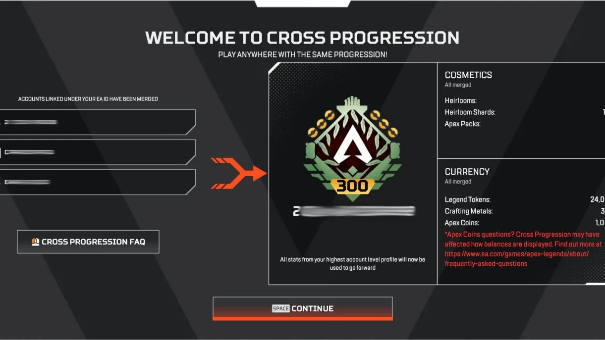 Apex Legends welcome screen showing linked accounts and a central cross-progression profile.