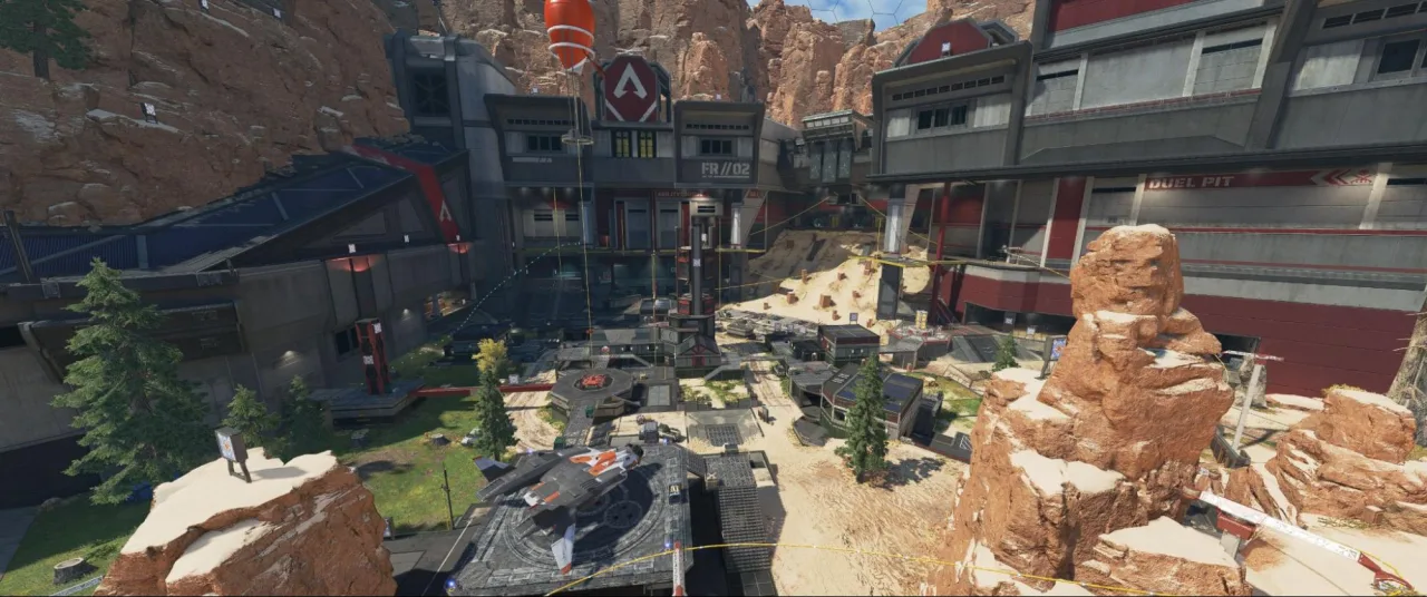 Apex Legends Firing Range buildings and practice lanes set among red sandstone cliffs.