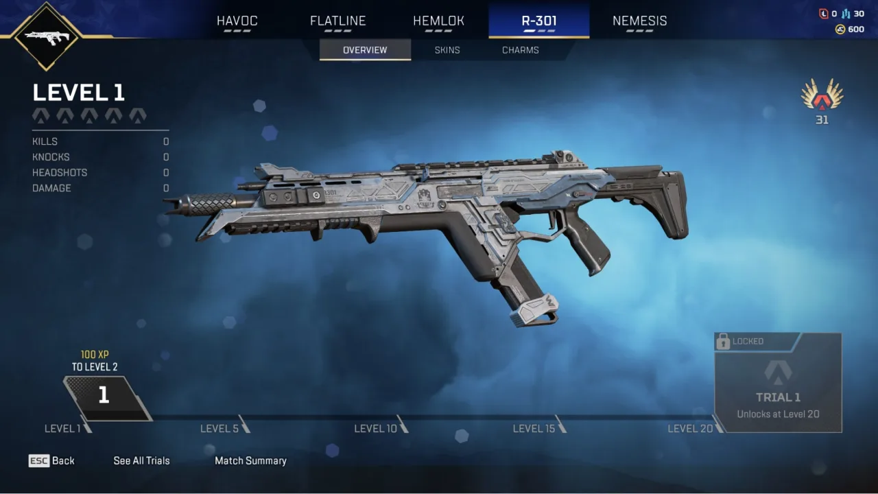 R-301 rifle displayed on the Apex Legends weapon overview screen.