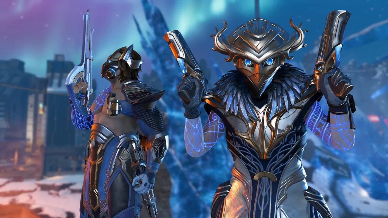 Two armored Apex Legends characters pose against a blue and purple sky.