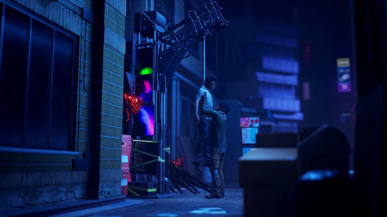 Two Dead by Daylight characters stand beside glowing machinery in a dark alley.