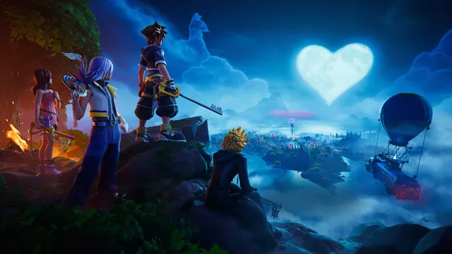 Fortnite characters look across the Island beneath a heart-shaped moon.