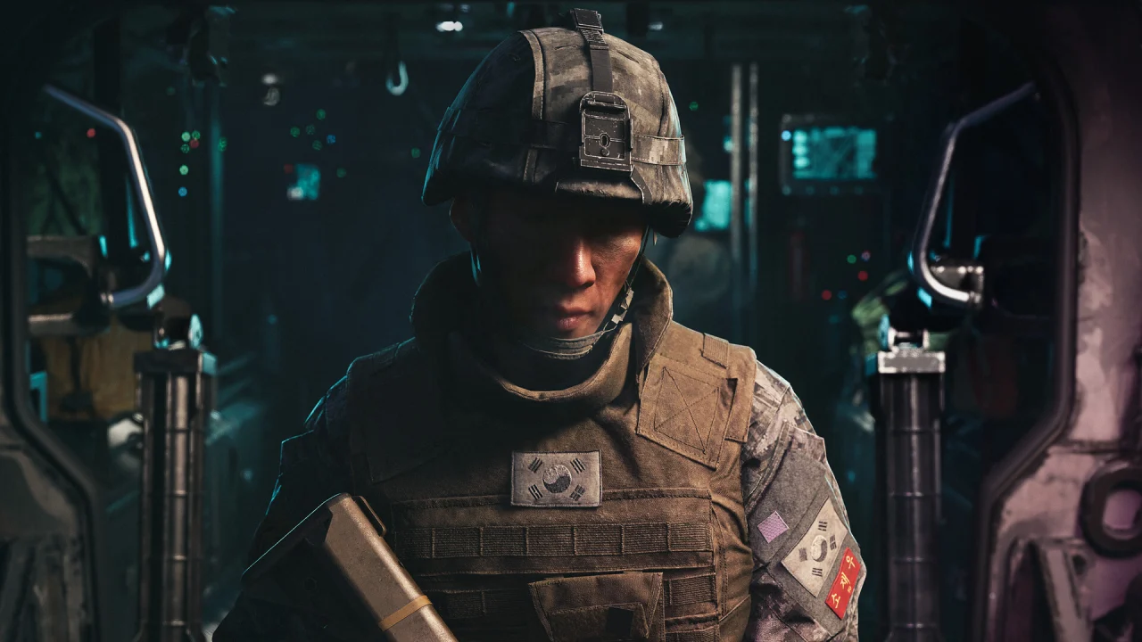 A helmeted Call of Duty soldier sits inside an aircraft with teal instrument lights behind him.