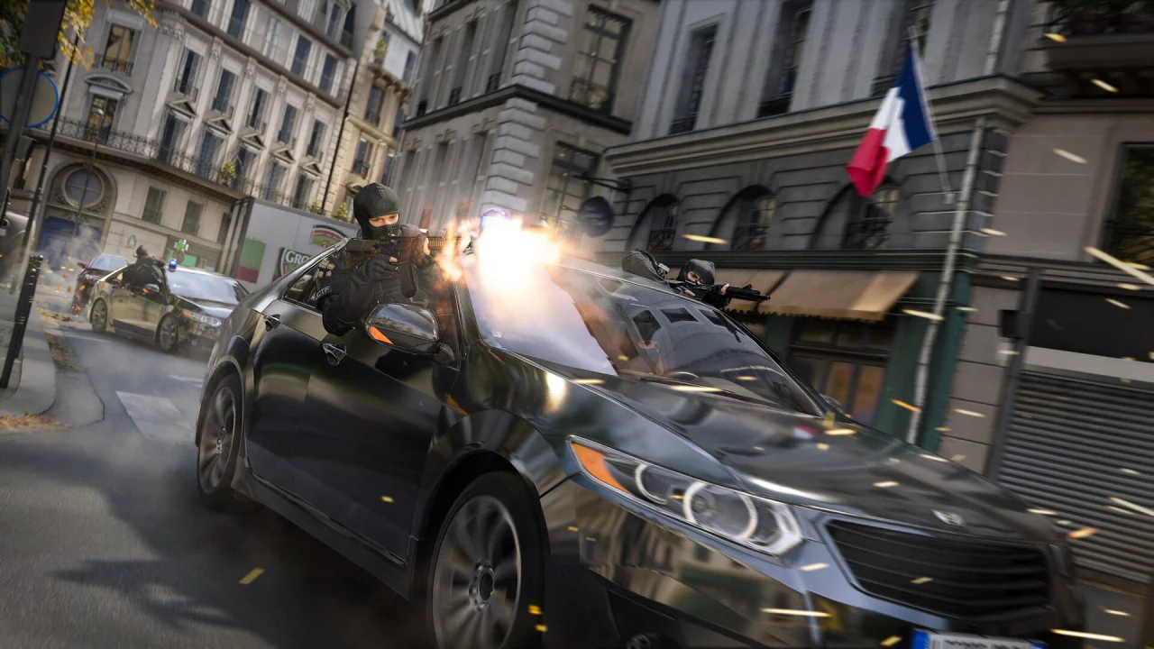 A Call of Duty operator fires from a moving black car on a city street.