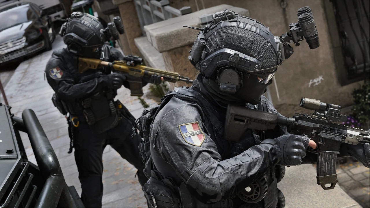 Three Call of Duty operators cover different angles beside a stone wall.