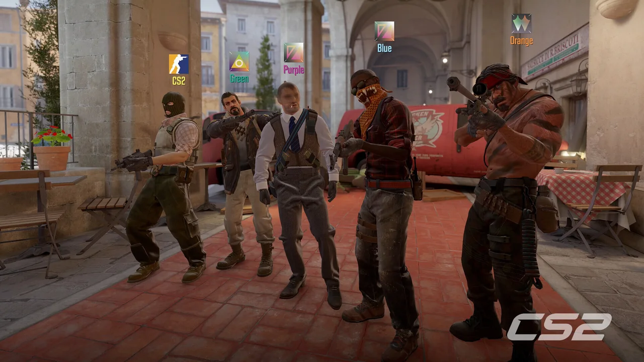 Five Counter-Strike 2 characters stand in a bright interior beside the CS2 logo.