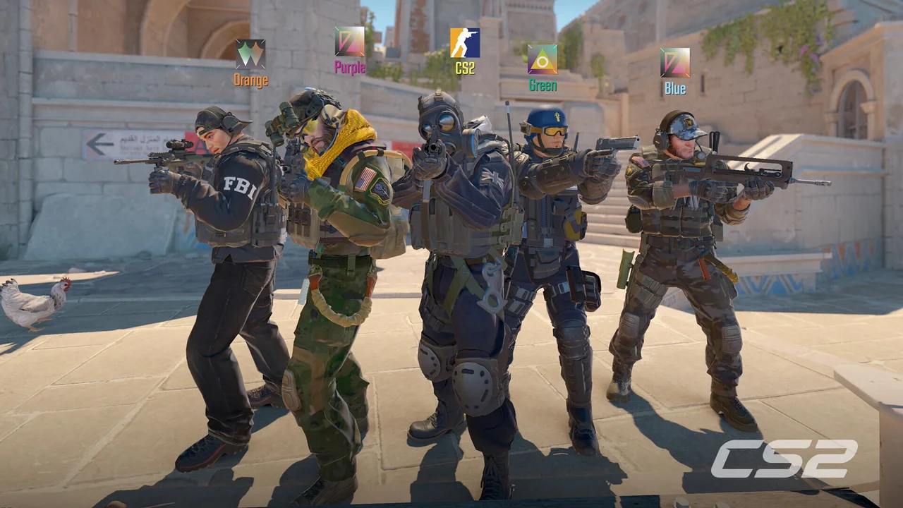 Five Counter-Strike 2 operators pose with rifles in front of a tiled wall.