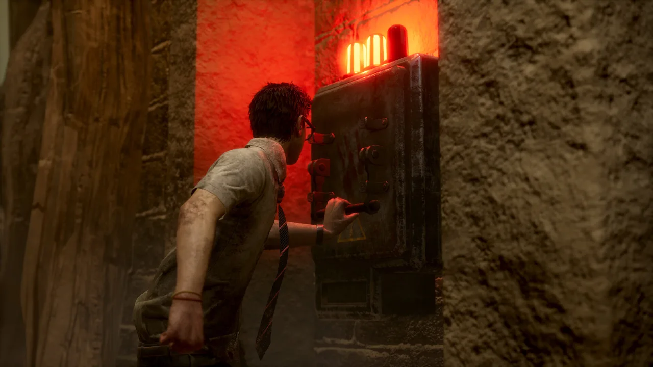 A Dead by Daylight Survivor reaches for an illuminated exit-gate switch on a stone wall.