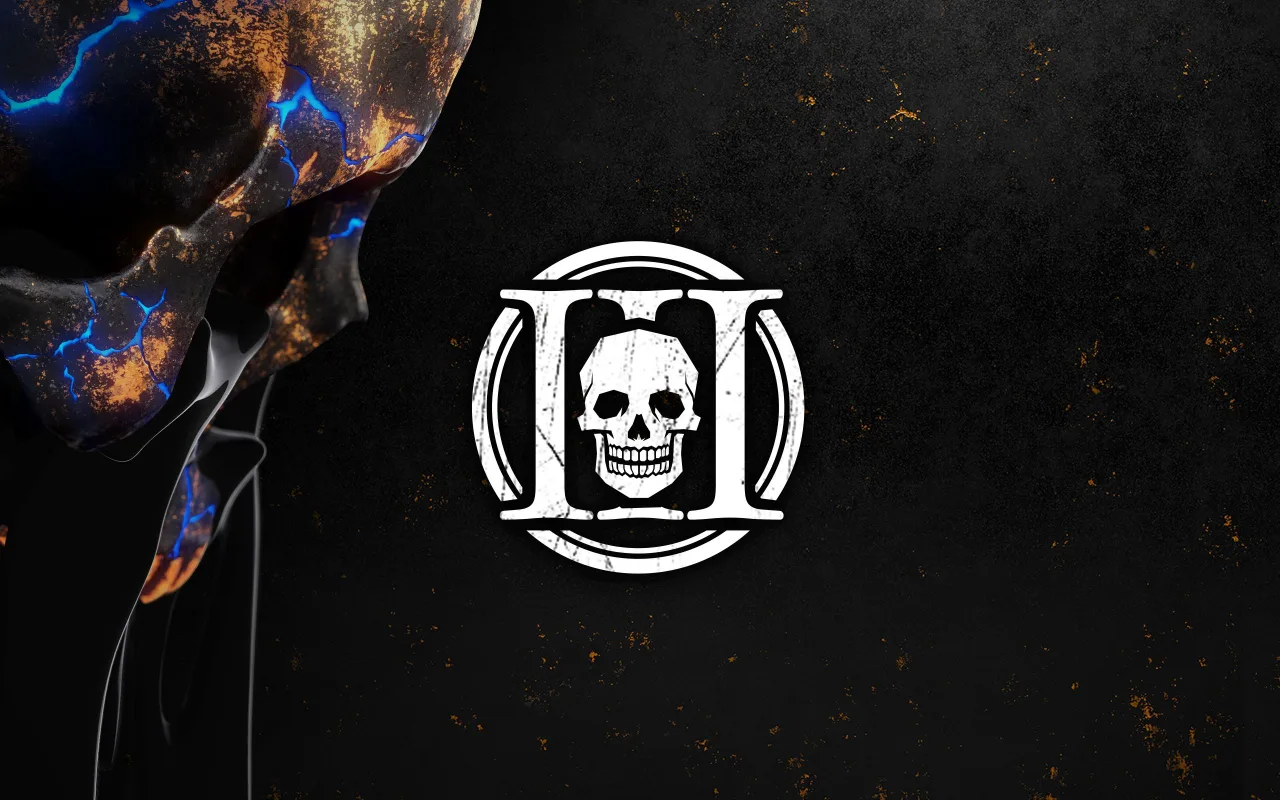 White skull prestige emblem against a dark background with part of a masked face at the left.