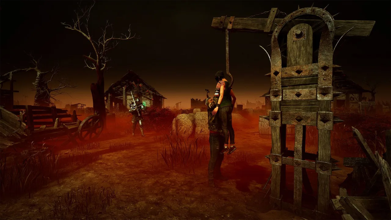 Vittorio helps a hooked Survivor while an armored figure approaches through a ruined village.