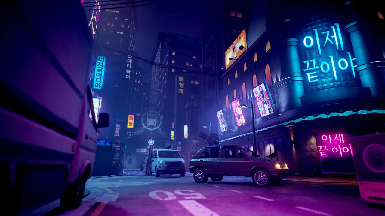 Neon signs, parked vehicles and a narrow city street in Dead by Daylight.