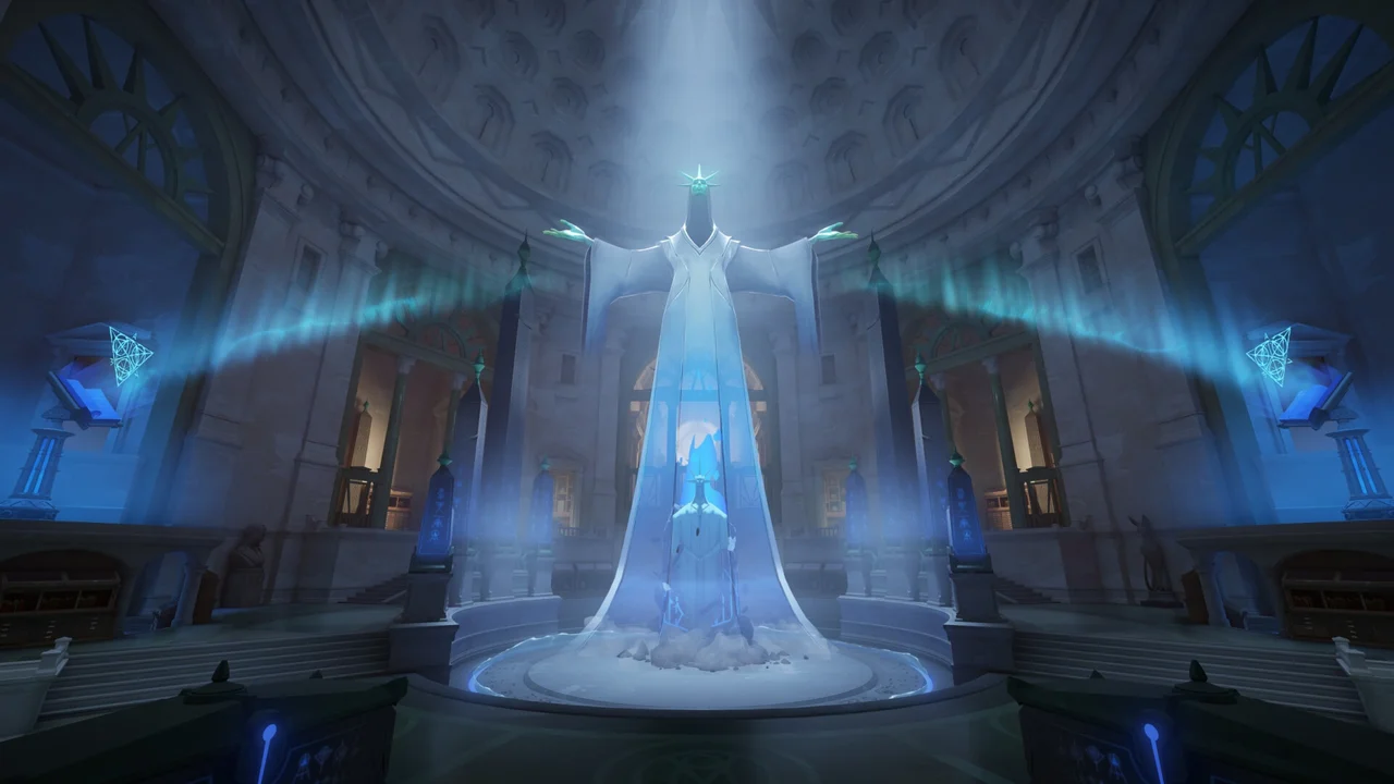 A luminous spectral figure floats inside a blue Deadlock hall.