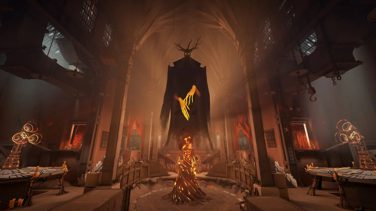 A warm red ritual chamber surrounds a suspended figure in Deadlock.