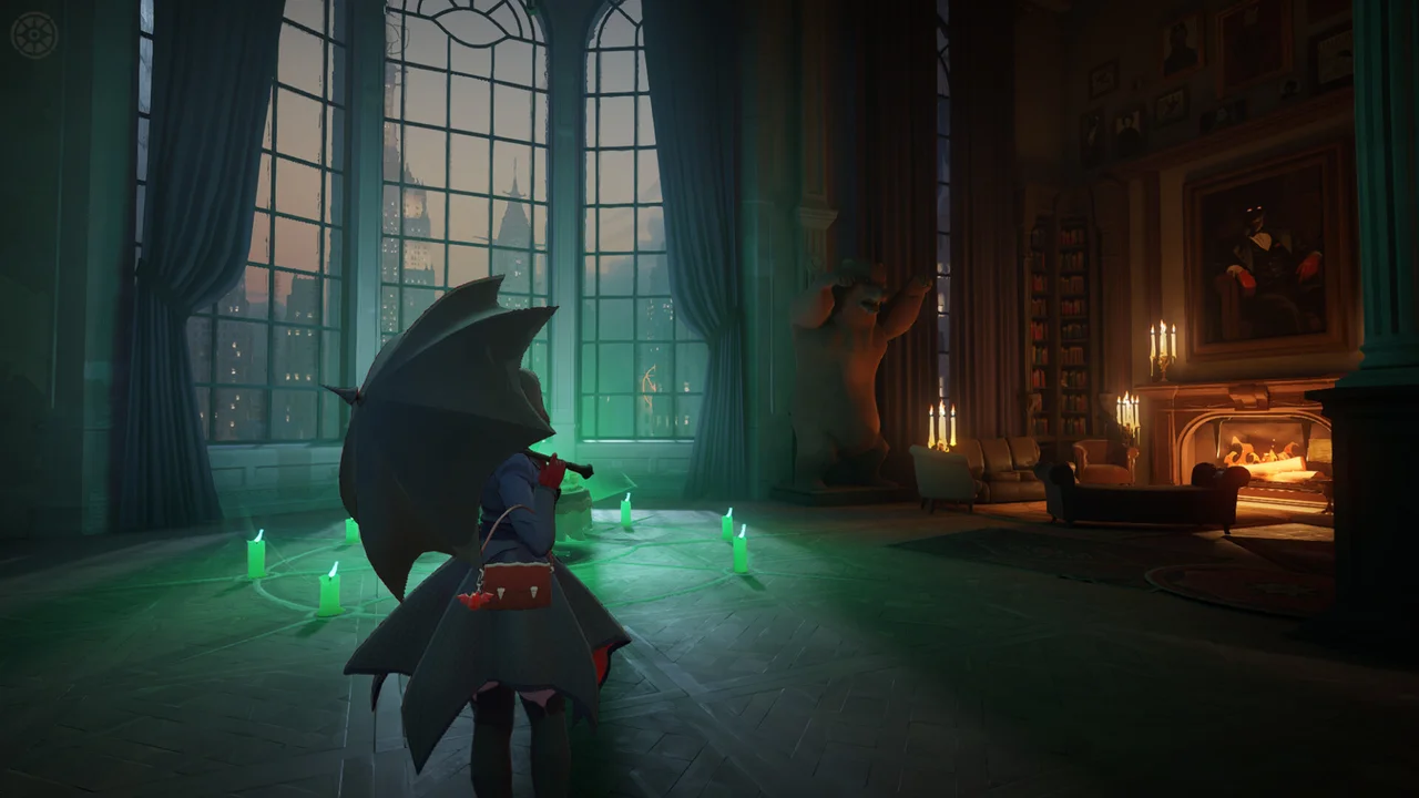 A small Deadlock character faces green flames in a shadowed interior.