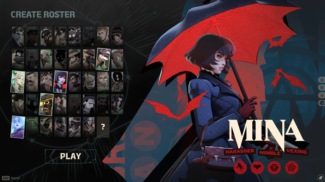 The Deadlock roster screen shows Mina and a grid of available heroes.