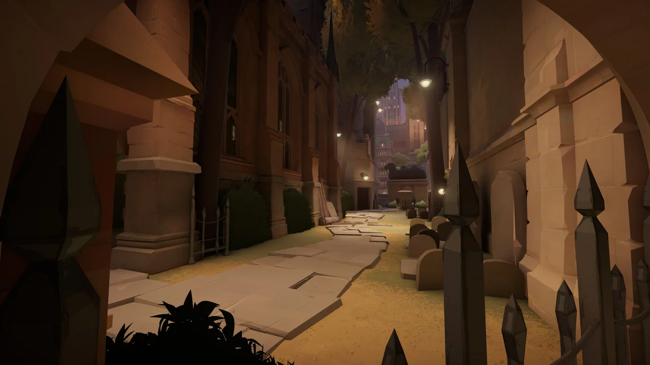 A Deadlock player looks down an angular stone corridor toward a city street.