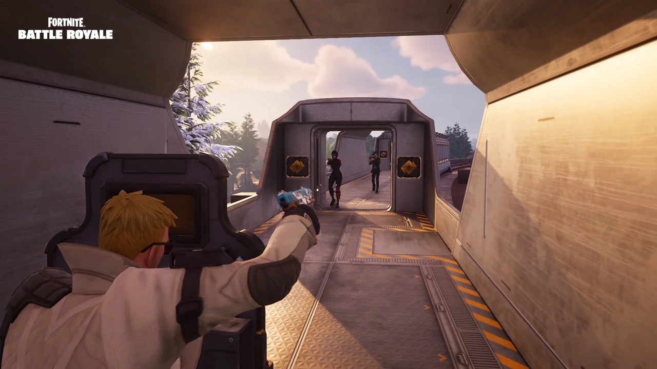 A Fortnite character aims a pistol along a train carriage while holding a shield.