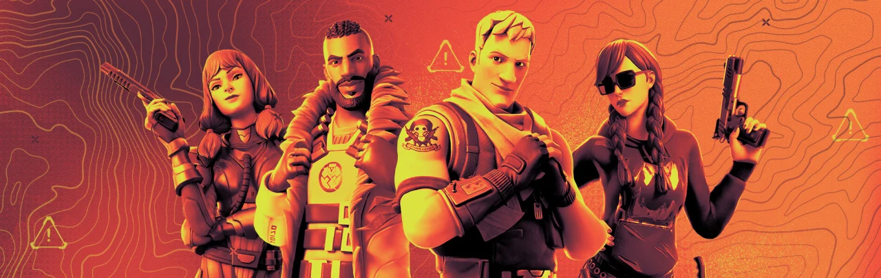 Four Fortnite characters stand together against an orange background.