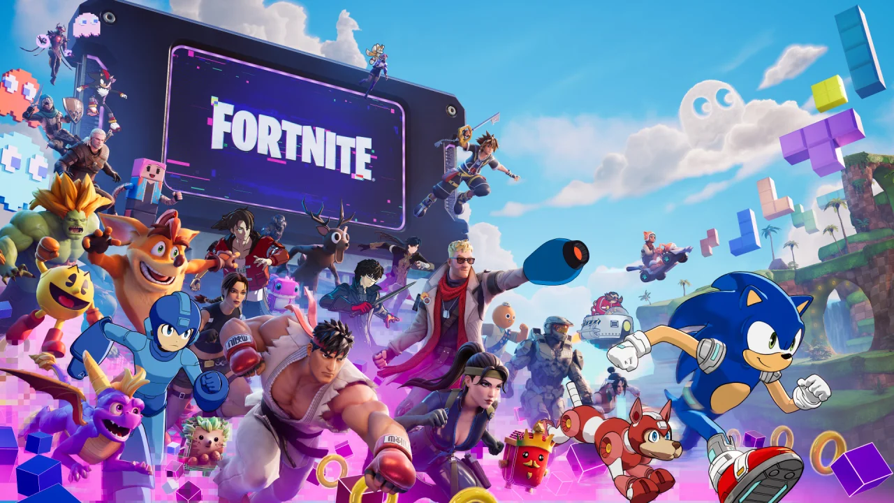 Fortnite characters and gaming icons surround a large Fortnite screen in official Override key art.