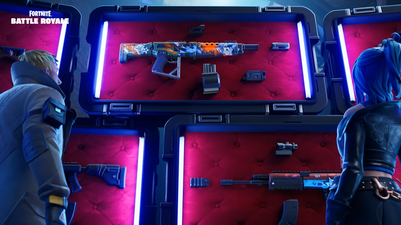 Two Fortnite characters look at rifles and attachments on a brightly lit weapon bench.