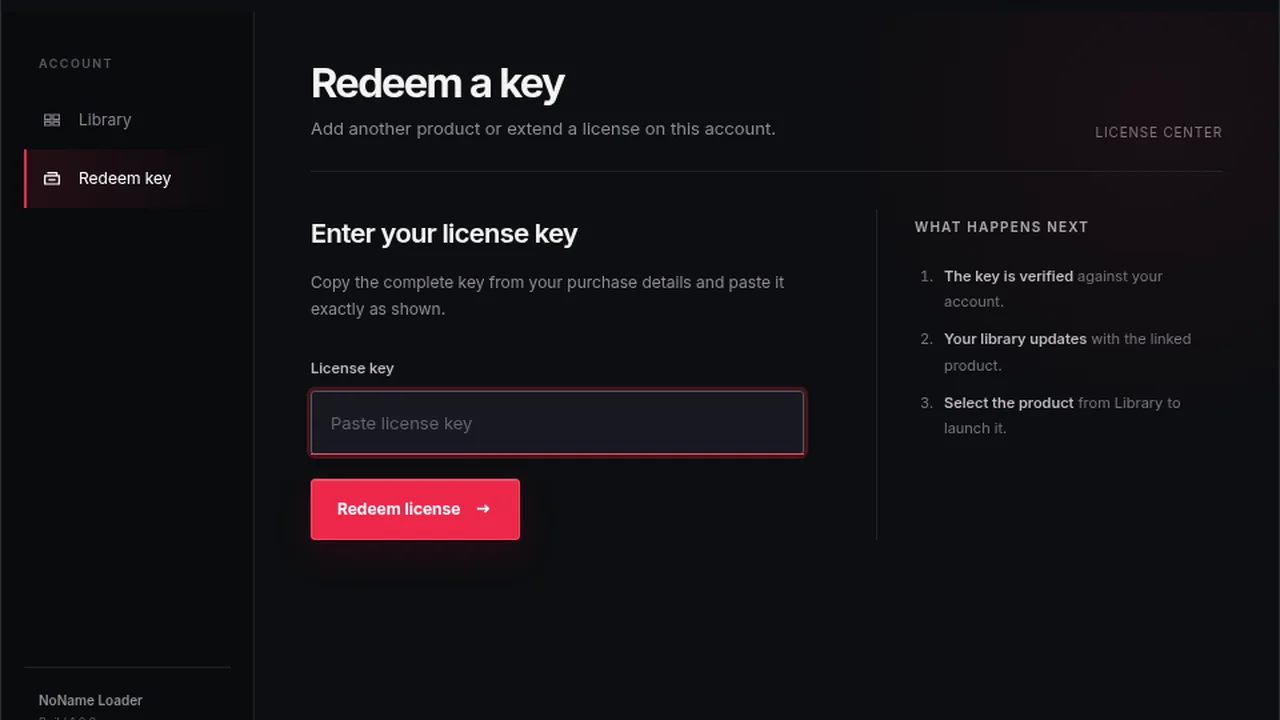 NoName Loader license center showing the key redemption screen.
