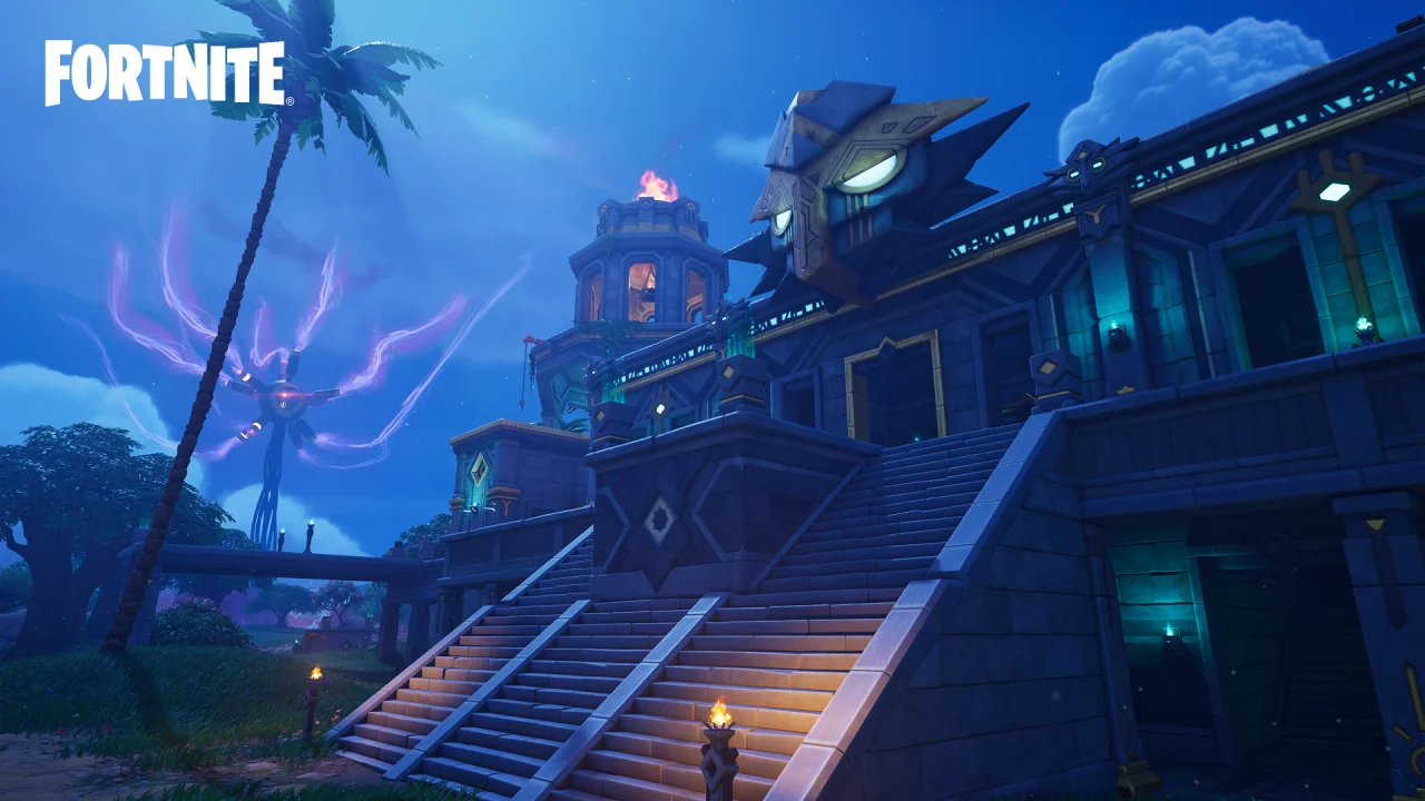 Fortnite characters approach a dark mansion beneath a blue storm in official Override artwork.