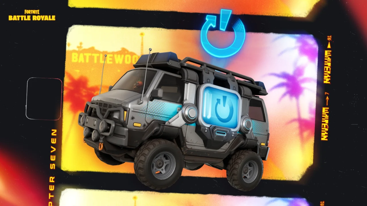 A drivable Fortnite Reboot Van appears against a vivid orange and black Chapter Seven backdrop.