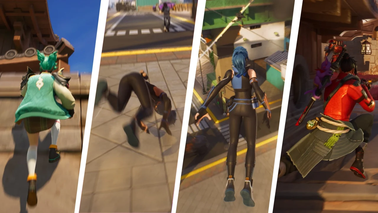 Four panels show Fortnite characters jumping, landing and moving along walls.