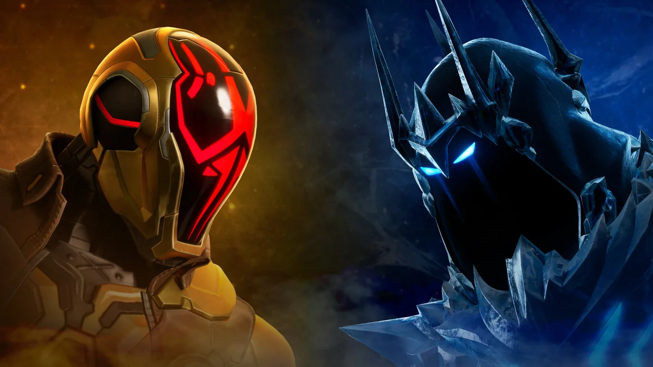 Two armored Fortnite characters face each other in red and blue light.