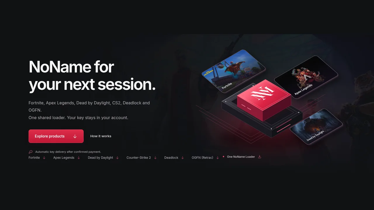 NoName homepage hero with the red NM loader artwork and game product cards.
