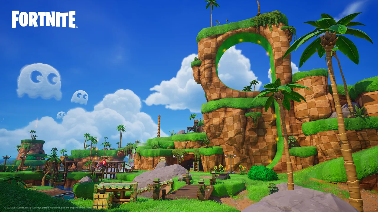 Fortnite characters stand near a bright looped island landscape in official Override artwork.