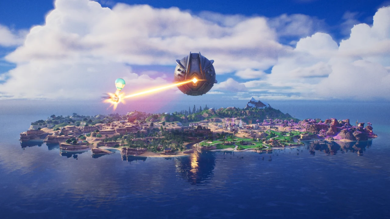 A wide aerial view shows the Fortnite Golden Coast island and airborne vehicles over the ocean.