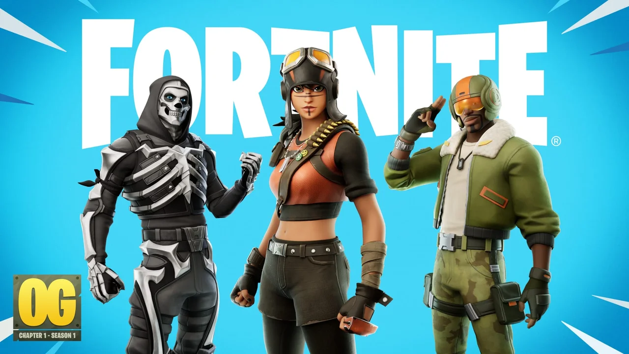 Three Fortnite OG characters pose in front of a bright Fortnite title.
