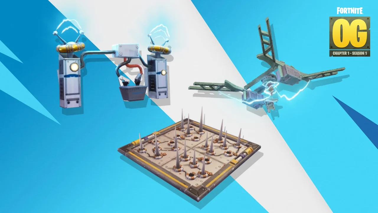 Classic Fortnite OG traps and utility items float on a blue background.