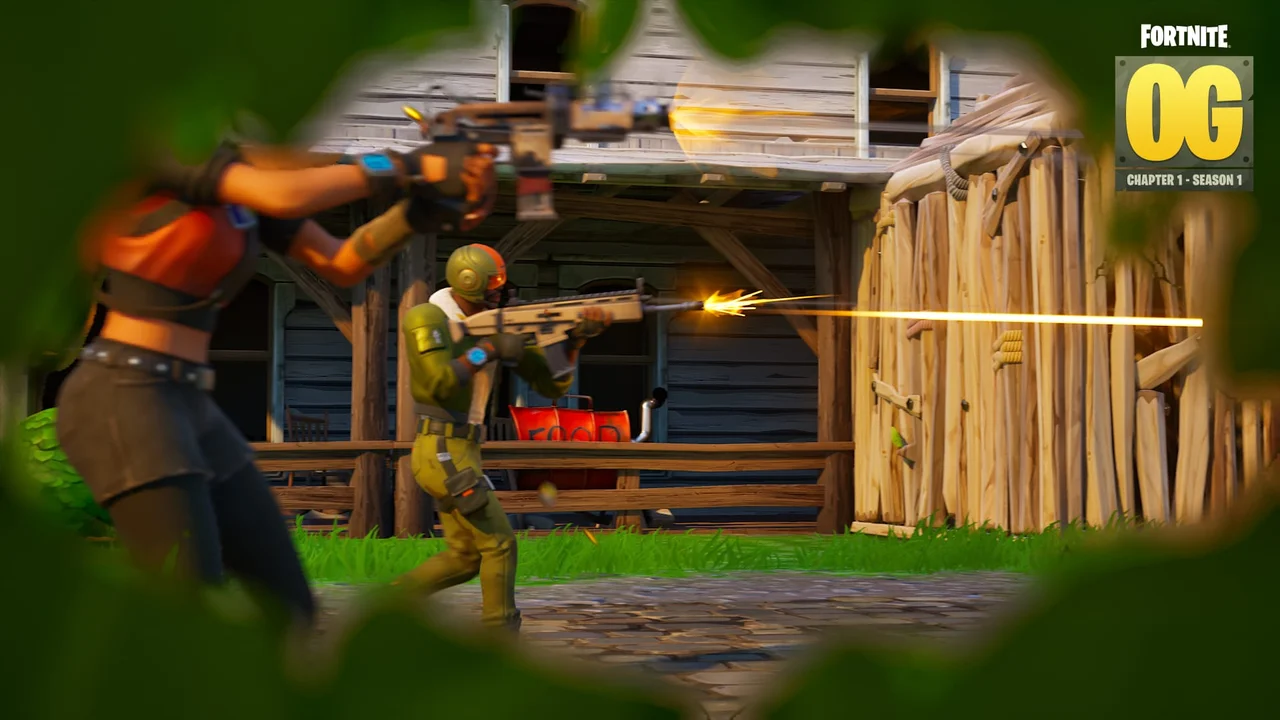 Classic Fortnite characters exchange fire around a wooden fort.