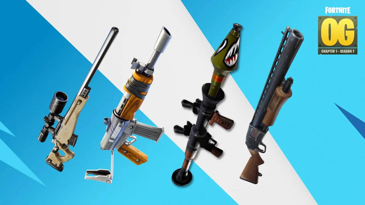 A row of classic Fortnite OG rifles, shotguns and launchers.