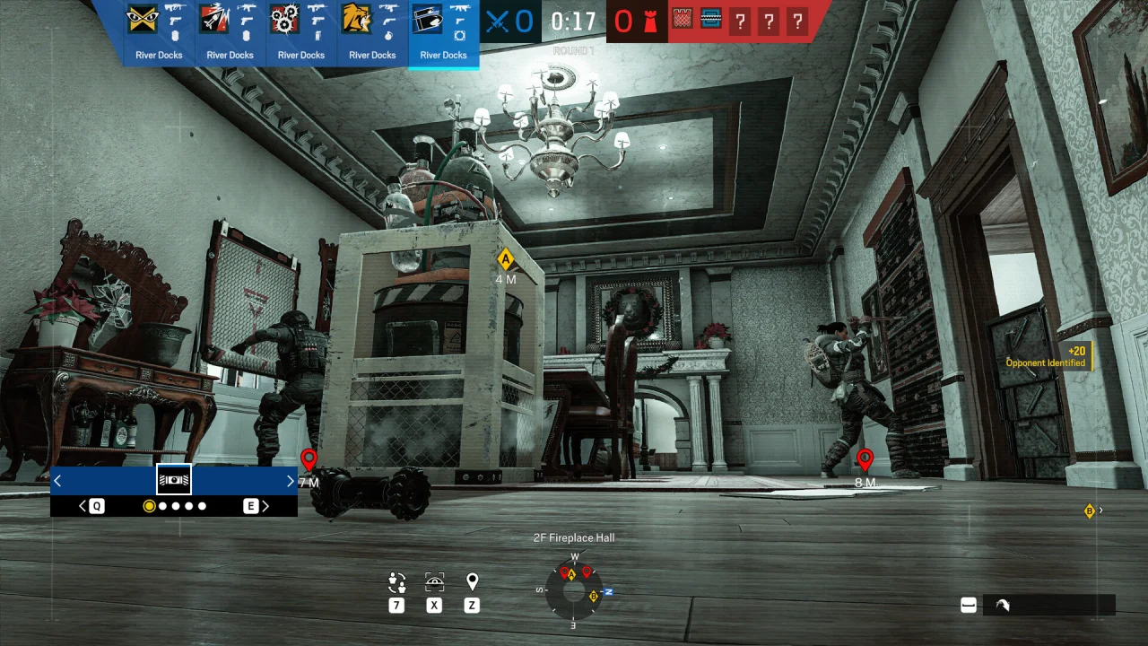 A low drone camera view looks past a shield at a Siege defender beneath a chandelier.