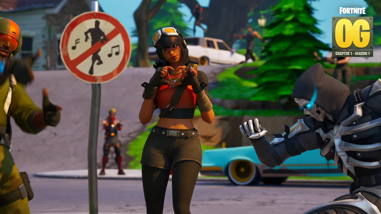 Classic Fortnite characters gather around a road sign and blue car.