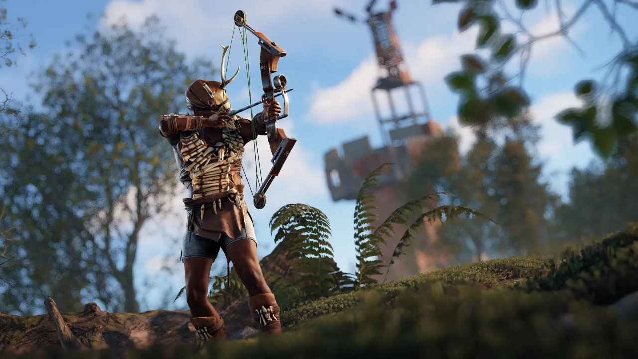 A Rust character in improvised armor draws a wooden bow among trees and ruins.