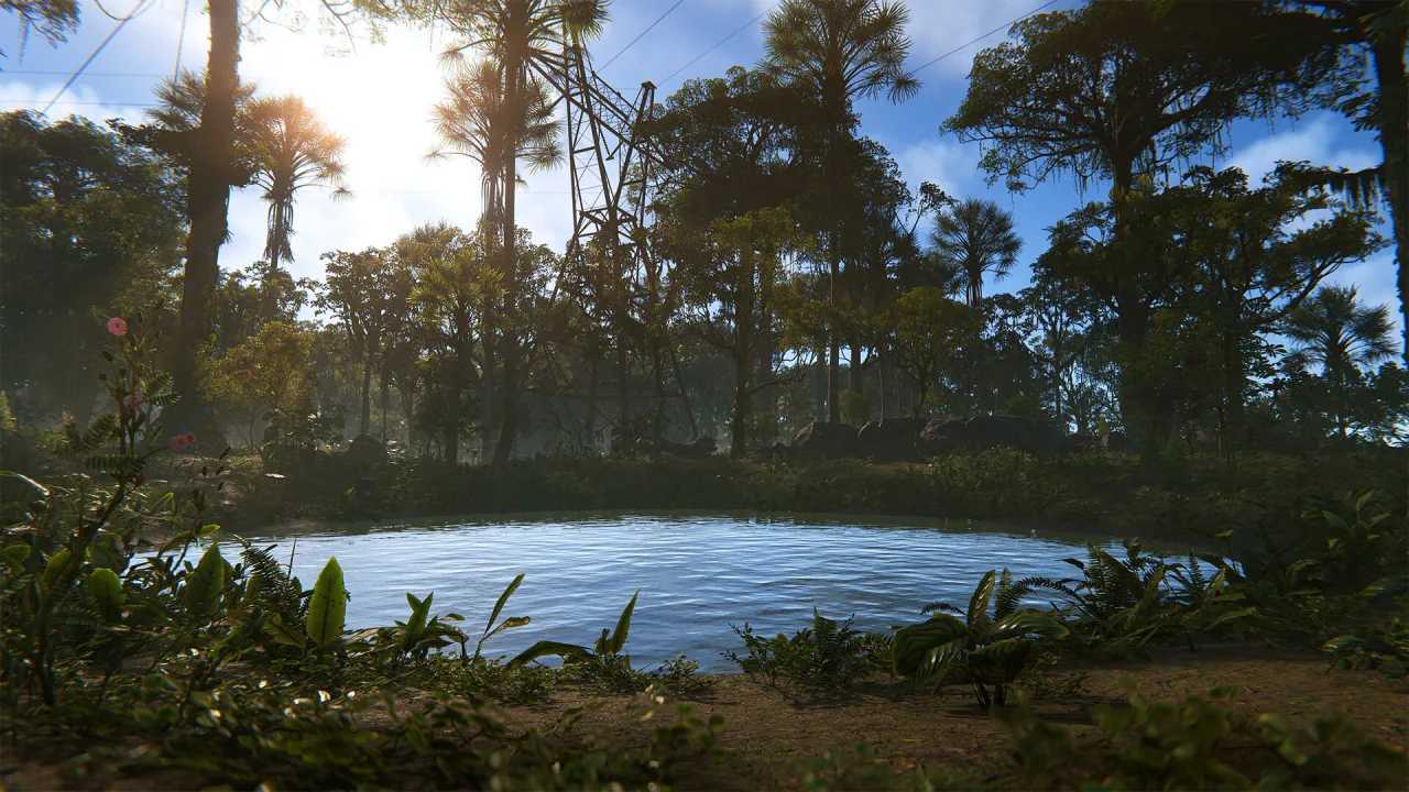A quiet pond surrounded by grass, rocks and tall trees in Rust.