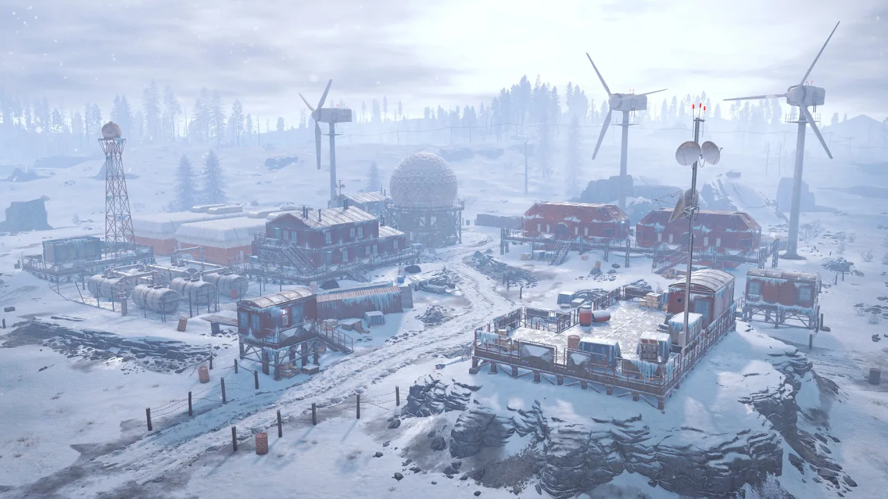 Snow-covered industrial buildings and wind turbines spread across a Rust landscape.