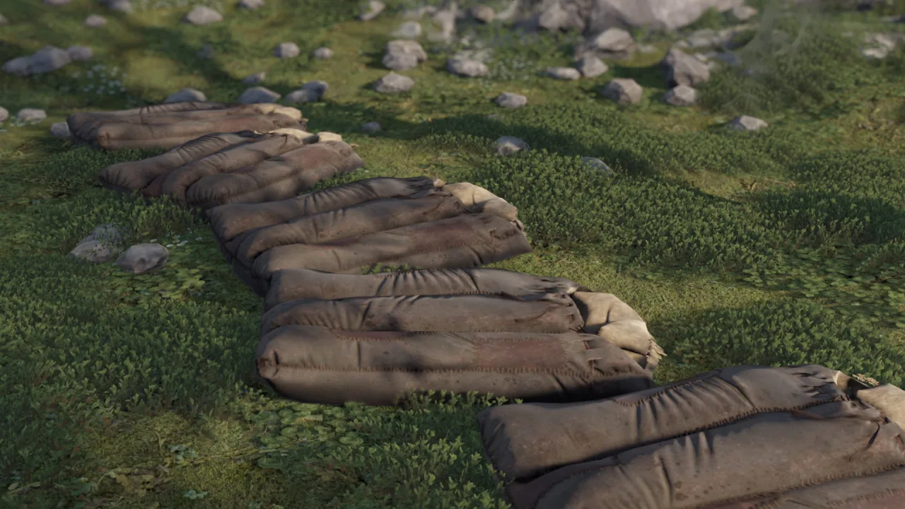 Several brown sleeping bags arranged on grass and small rocks in Rust.