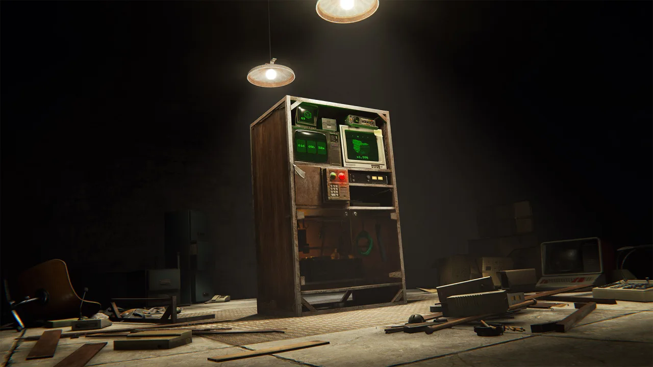 Rust’s Retro Tool Cupboard with green monitors and storage shelves in a dark workshop.
