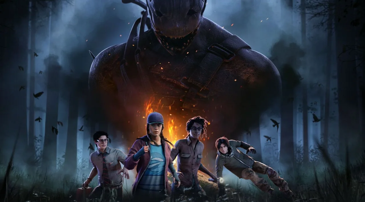 Dead by Daylight survivors beneath the Trapper in a forest.