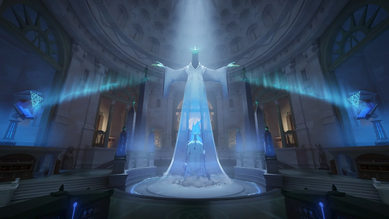 A spectral Deadlock scene inside a blue-lit station.