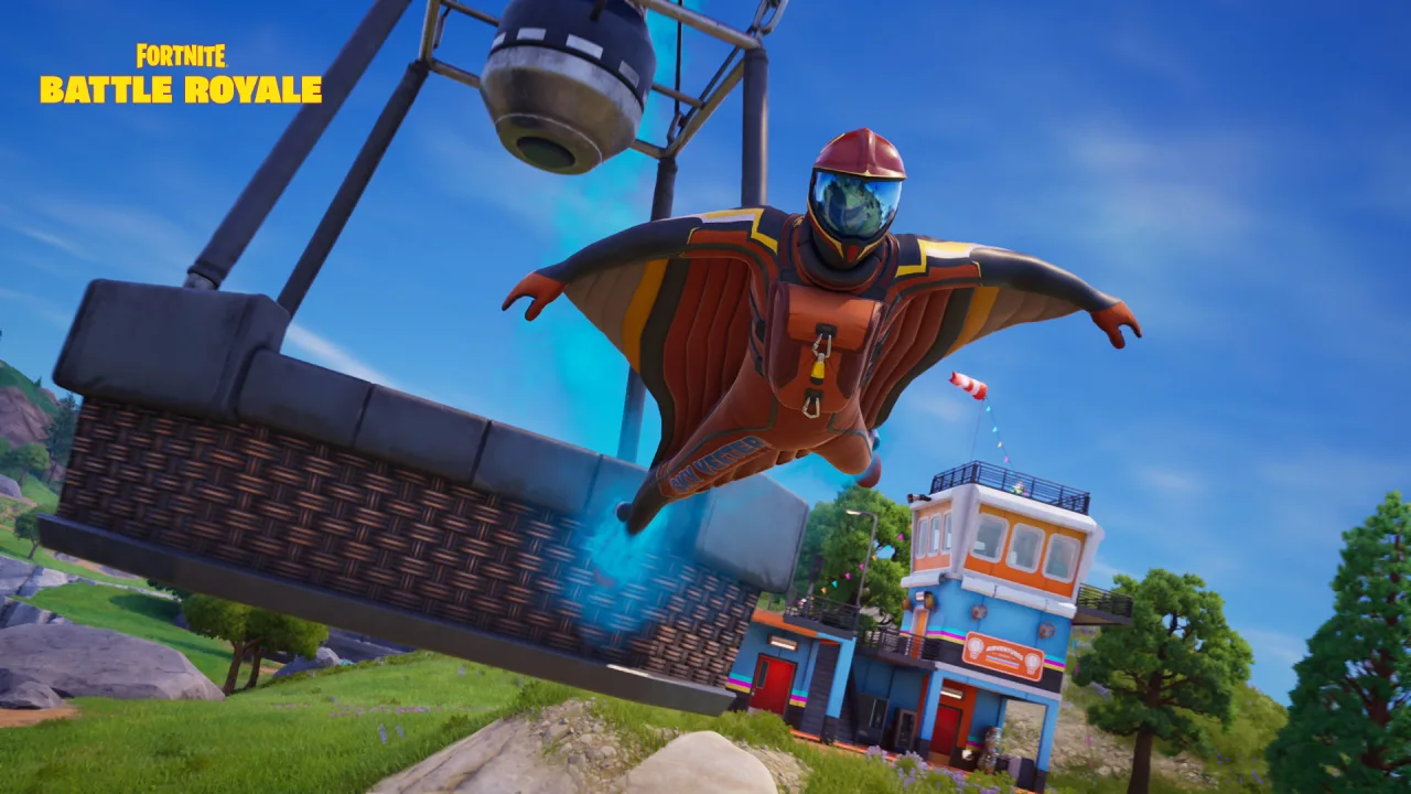 A Fortnite character drops beside the Battle Bus.