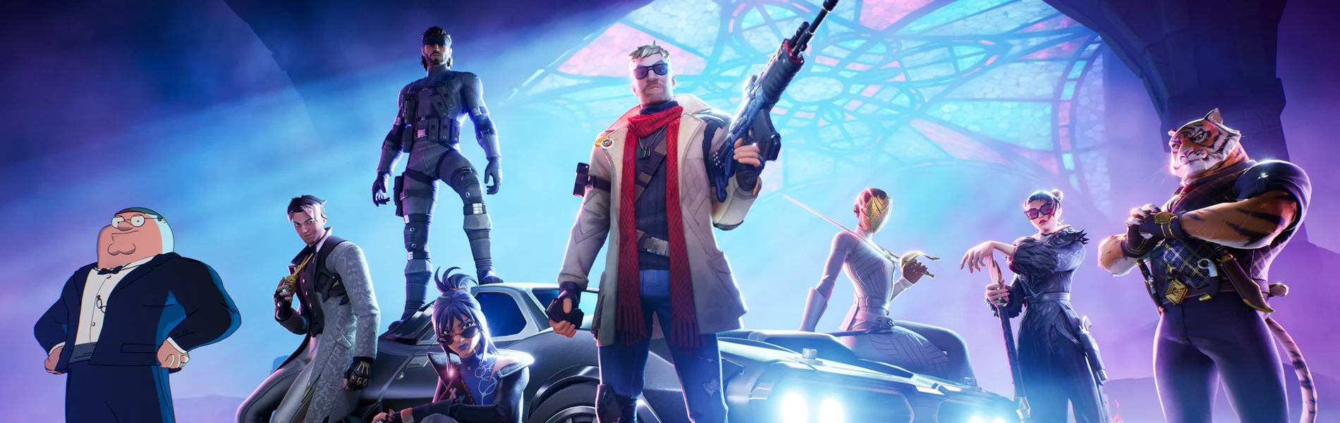 Fortnite characters gather around a sports car beneath a blue-lit glass roof.
